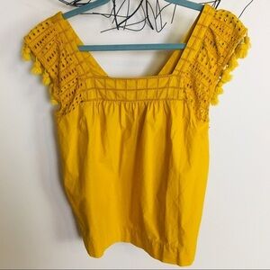 J CREW mustard yellow tassle top. Boho 100 percent cotton size 2